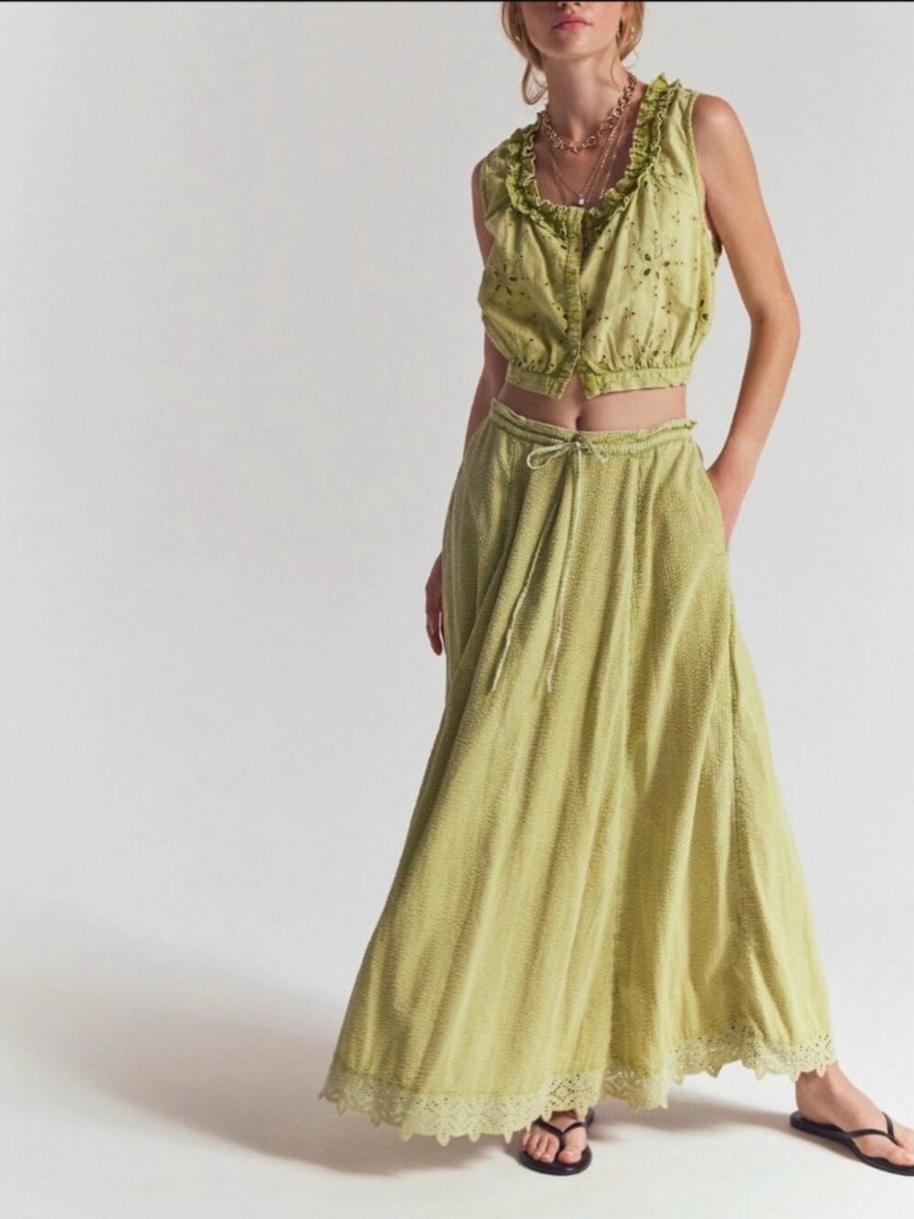 NWT Free People Madelyn Green Cotton Eyelet Maxi Skirt Set Size L Boho